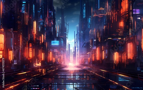Futuristic city with neon lights, 3d rendering illustration background