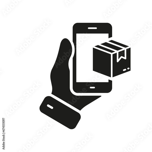 Online Delivery Service Silhouette Icon. E-commerce in Smartphone Glyph Pictogram. Purchase Shipping Solid Sign. Mobile Phone with Parcel Box in Human Hand Symbol. Isolated Vector Illustration