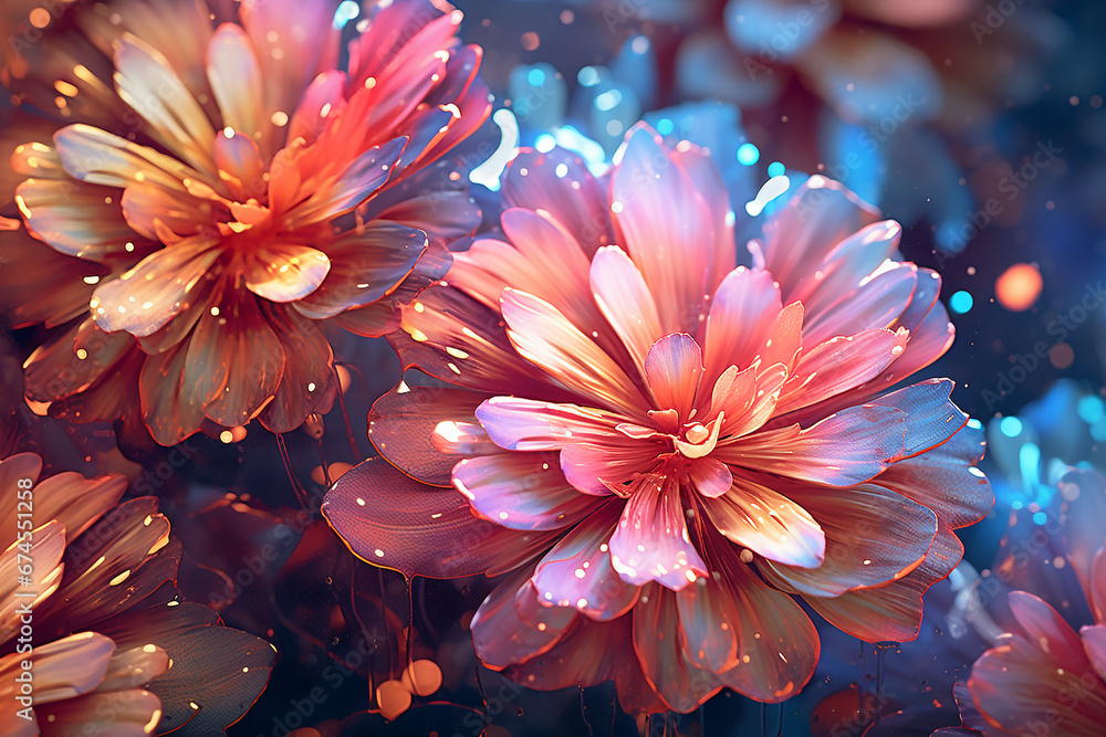 Beautiful magical fairy-tale pink flowers bloomed in spring. Beautiful fantasy shine sparkle flowers blossom in garden close up. AI technology. Beautiful magical fairy-tale pink flowers bloomed in spring. Beautiful fantasy shine sparkle flowers blossom in garden close up. AI technology.