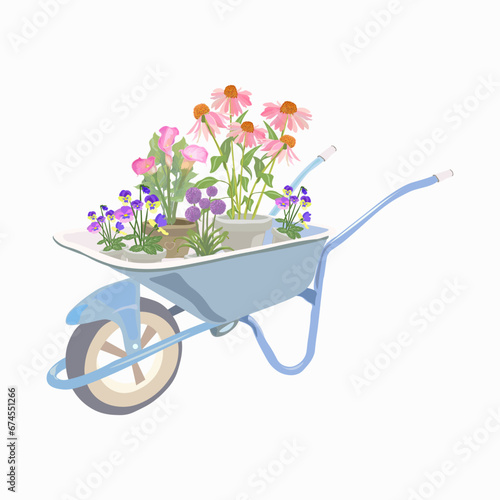 blue garden cart with potted flowers allium, pansy, echinacea, calla