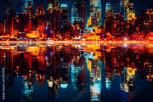 Night city panoramic view with reflection in water, New York City
