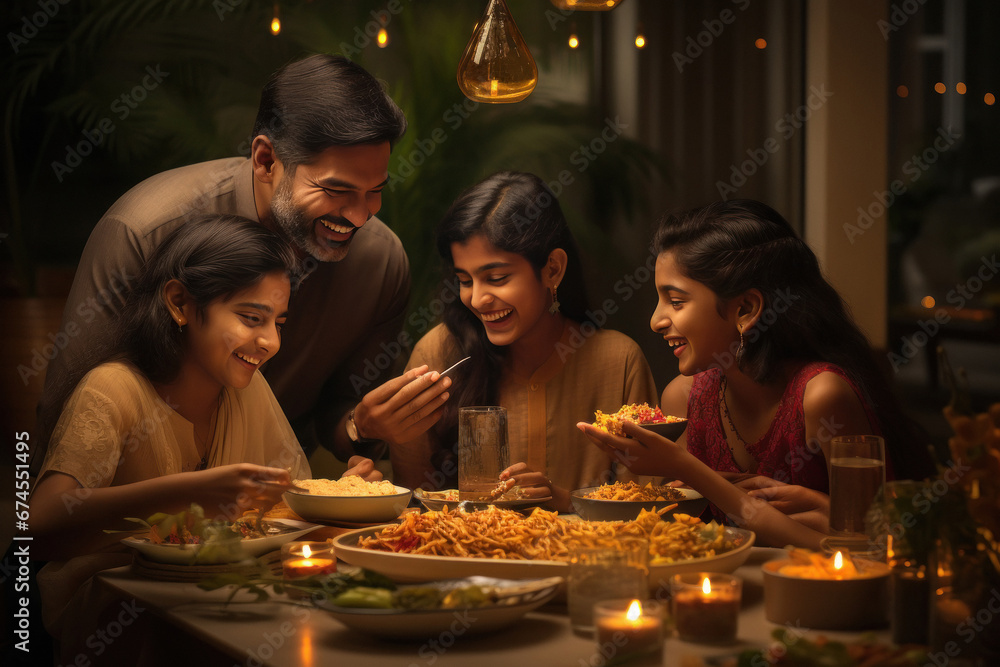 indian family enjoying dinner at restaurant - obrazy, fototapety, plakaty 