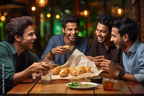 young indian friends group enjoying dinner at restaurant photo