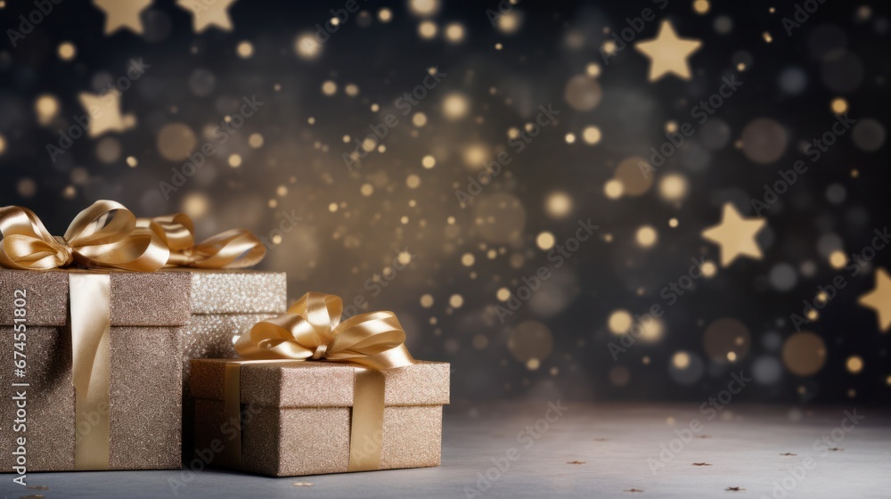 Christmas gift box with golden ribbon and stars Christmas gift box with golden ribbon and stars