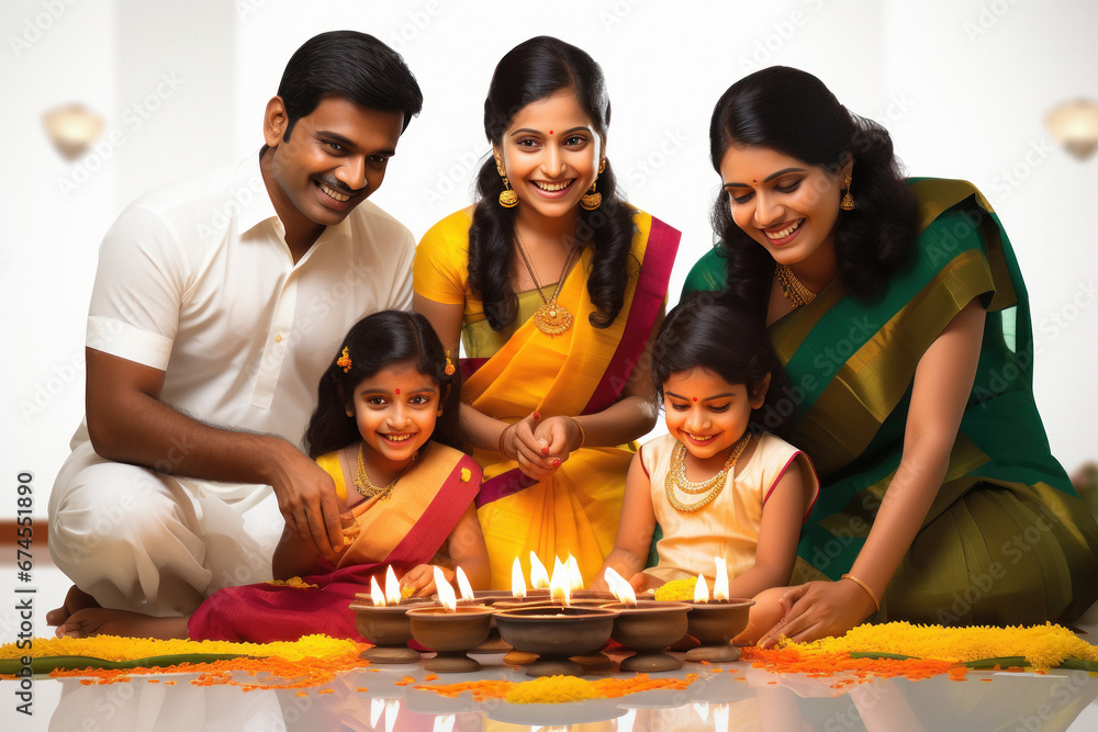 South indian family celebrating traditional festival onam. - obrazy, fototapety, plakaty 