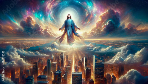 Canvas Print Divine Dreamscape: Jesus' Second Coming Casts New York in Surreal Light