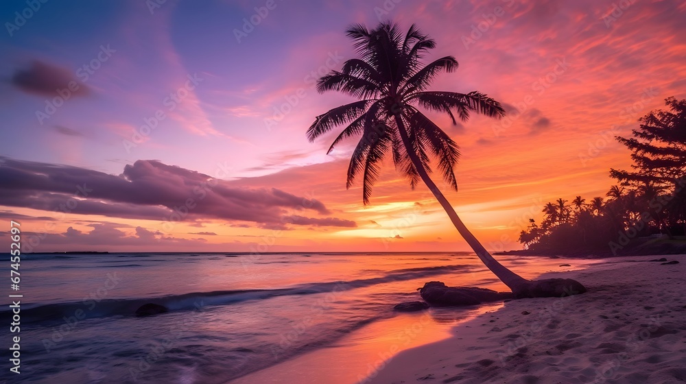 Beautiful panorama of a tropical beach with palm trees at sunset