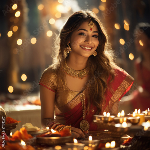 young indian woman celebrating diwali festival