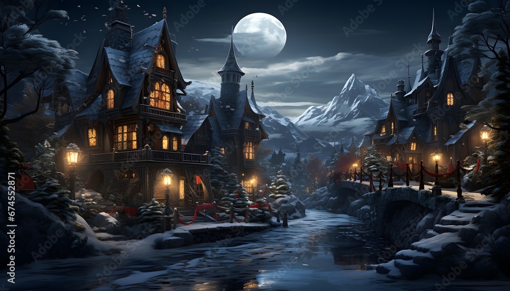 Winter night in the village with full moon. 3D illustration.