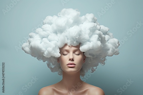Thinking Cloud Head of Woman People Mental Health Daydreaming Contemplating Brainstorming for Ideas Calm Meditating Artistic Creative Concept Art for Advertising Presentation Slides