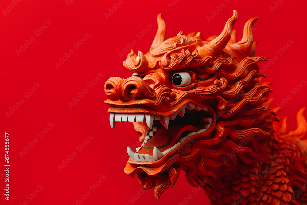 Traditional chinese dragon sculpture on red background with copy space. 2024 Chinese year of the dragon