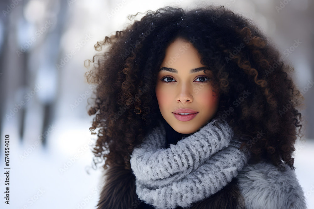 Portrait of afro american woman with curly hair in winter clothes with snow landscape in blurry background Portrait of afro american woman with curly hair in winter clothes with snow landscape in blurry background