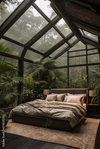 A dark bedroom setting. luxury king bed with a luxury pillows. Ferns drop down from above. The ceiling is dark. The high windows offer a scenic view of a lush forest in the fog. Generative Ai. © kapros76