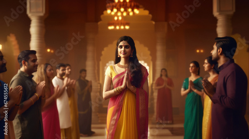 Young Indian woman praying at the temple