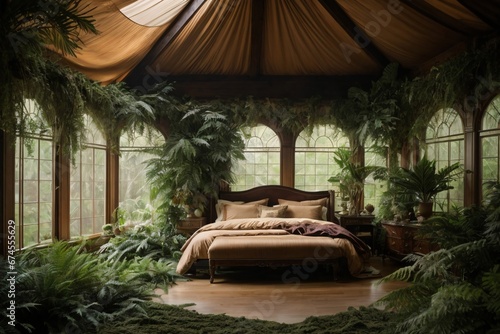 A dark bedroom setting. luxury king bed with a luxury pillows. Ferns drop down from above. The ceiling is dark. The high windows offer a scenic view of a lush forest in the fog. Generative Ai.