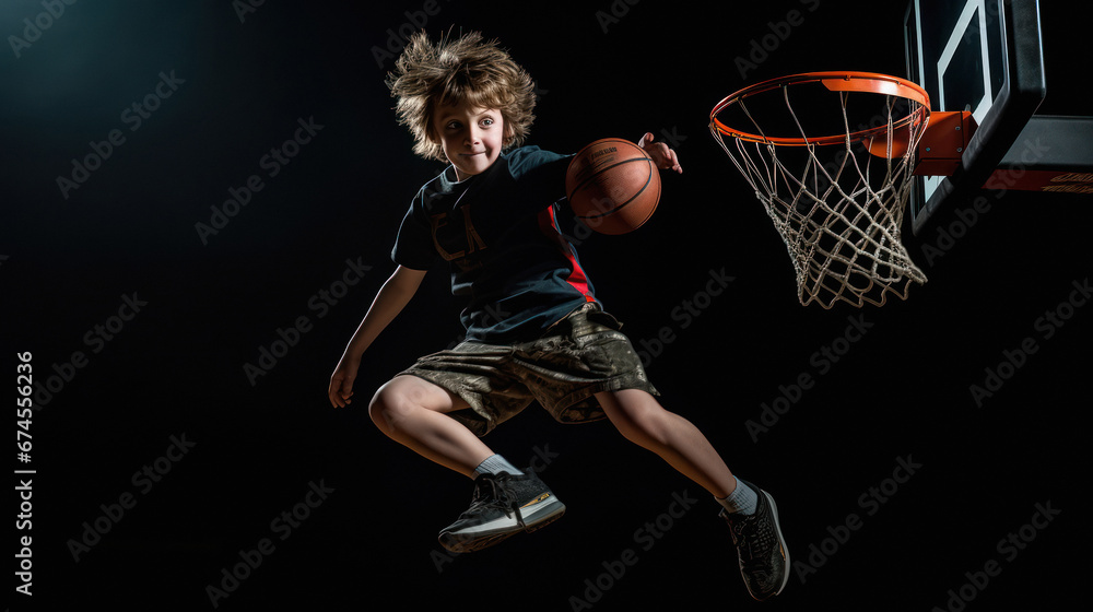 Boy playing basketball jumping and flying