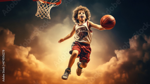 little Boy playing basketball jumping and flying © PRASANNAPIX