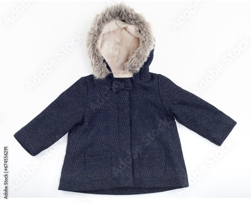 Children's blue jacket with a hood, isolated on a white background.