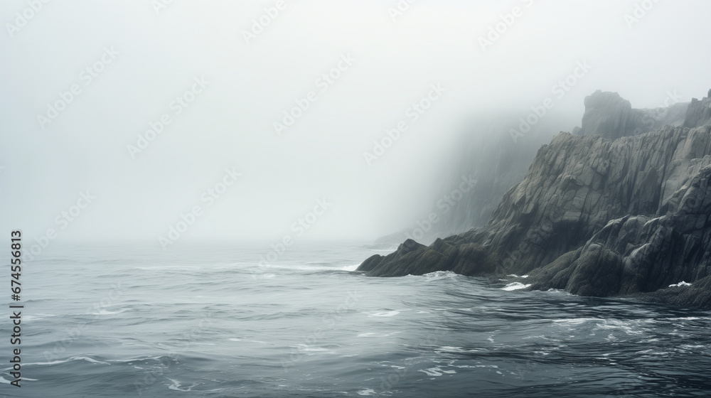 A rocky seashore in dense fog A rocky seashore in dense fog