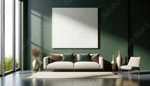 Big square blank painting frame hanging on the wall of dark green stylish liviing room with sofa, decorative vases and pastel beige carpet and armchair  © Wendy2001