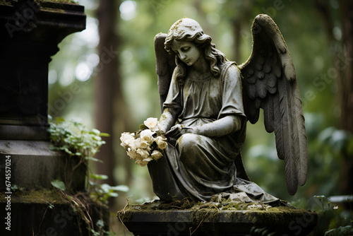Obsolete statue of an angel with a cross on burial in the cemetery