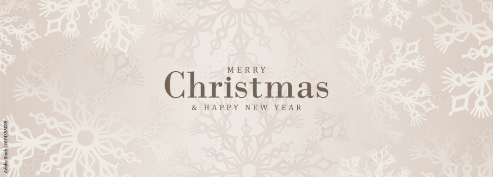 Beige New Year and Christmas background with snowflakes. Festive delicate banner, poster, card, cover.