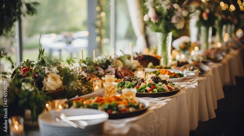 Elegant Wedding Buffet Spread Awaiting Guests. Generative ai