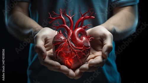 Hands Holding Heart: Highlighting Cardiovascular Diseases. Generative ai photo