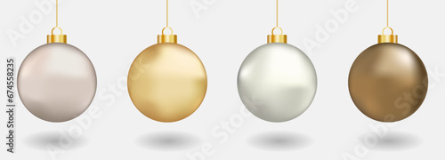 Set of four realistic Christmas balls. 3D Christmas balls. Pale pink, gold, silver and bronze balls.