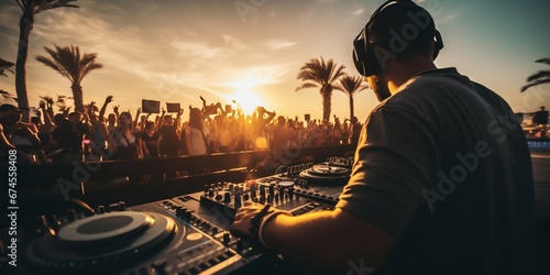 DJ Igniting the Beach Party at Sunset. Generative ai photo