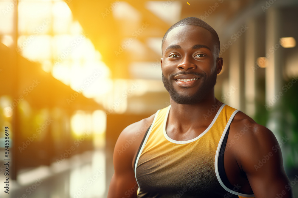 Fototapeta premium portrait of muscular African American man resting in gym while looking at camera. Healthy lifestyle