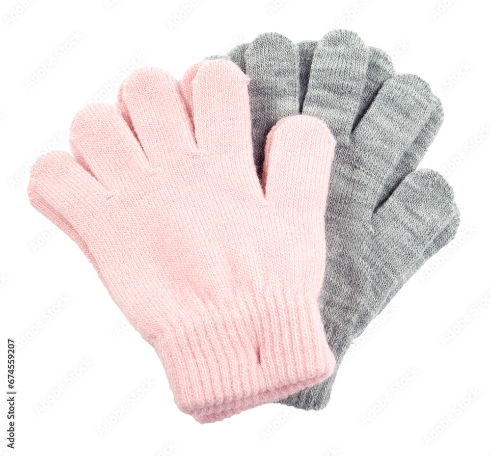 Warm winter gloves isolated on white background. Pink and gray colors. Warm winter gloves isolated on white background. Pink and gray colors.