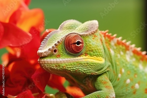 Chameleon on the flower close-up. advertising banner for a holiday agency