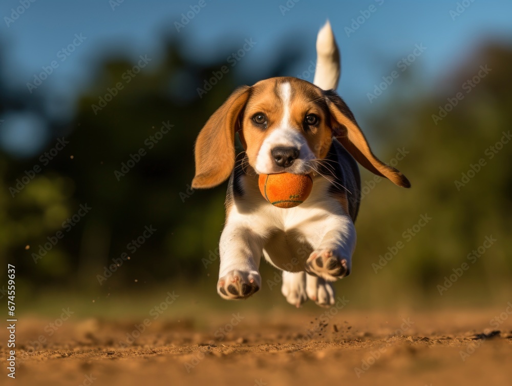 freudig spielender Beagle Hundewelpe draußen rennt mit einem Ball in der Schnauze
