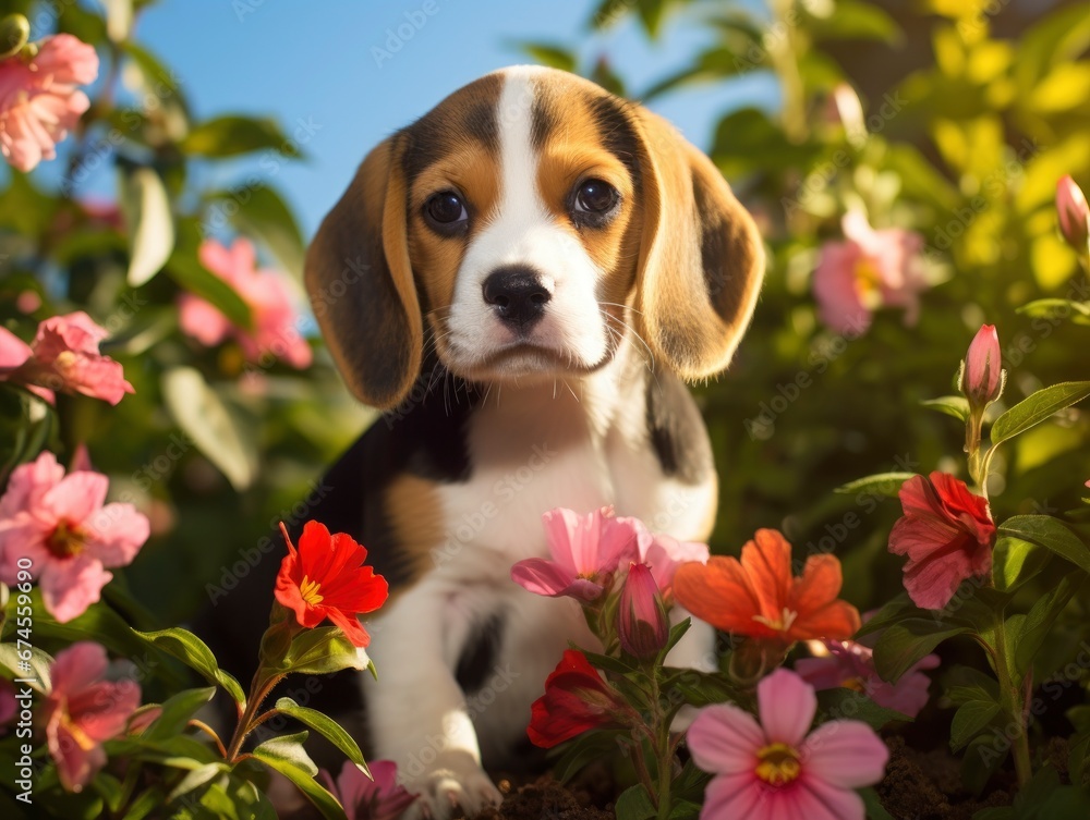 niedlicher Beagle Hunde Welpe im Garten inmitten von roten Blumen niedlicher Beagle Hunde Welpe im Garten inmitten von roten Blumen