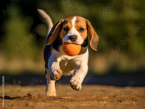 freudig spielender Beagle Hundewelpe draußen rennt mit einem Ball in der Schnauze