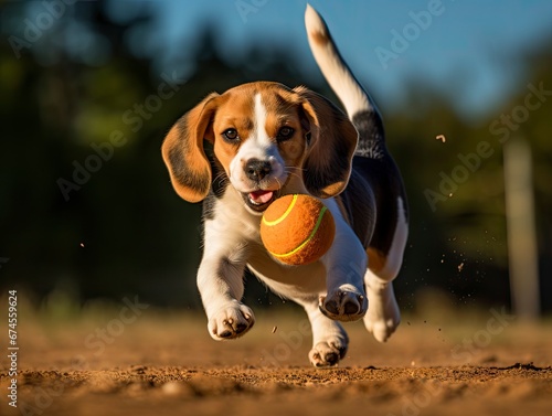freudig spielender Beagle Hundewelpe draußen fängt einen Ball
