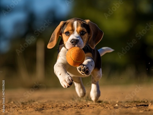 freudig spielender Beagle Hundewelpe draußen rennt nach einem Ball