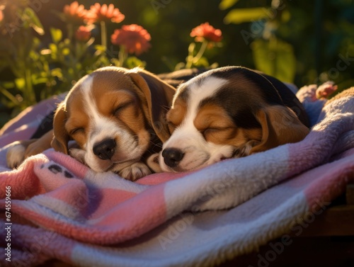 zwei müde Beagle Hunde Welpen Outdoor im Garten kuscheln schlafen auf einer Decke