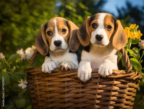 zwei niedliche Beagle Hunde Welpen Outdoor im Garten im Körbchen
