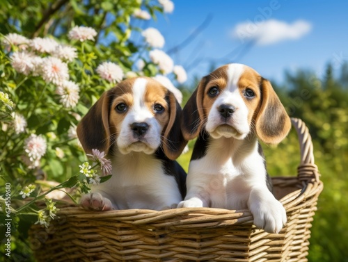 zwei niedliche Beagle Hunde Welpen Outdoor im Garten im Körbchen