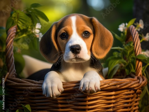 niedlicher Beagle Hundewelpe draußen im Garten in einem Korb