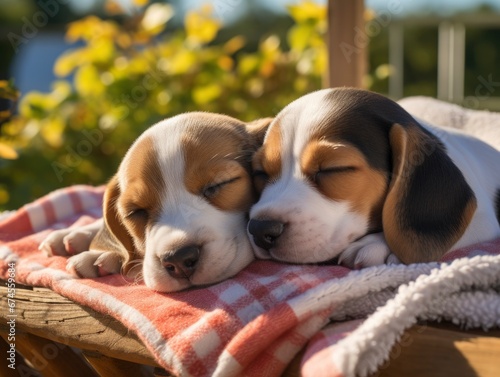 zwei müde Beagle Hunde Welpen Outdoor im Garten kuscheln schlafen auf einer Decke