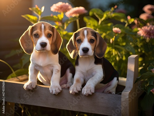 zwei niedliche Beagle Hunde Welpen Outdoor im Garten