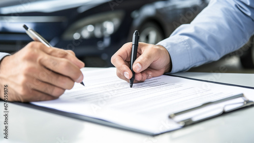 Car Insurance document or lease concept the car broker assisting his customer and explaining the detail of the car contact. 
 photo