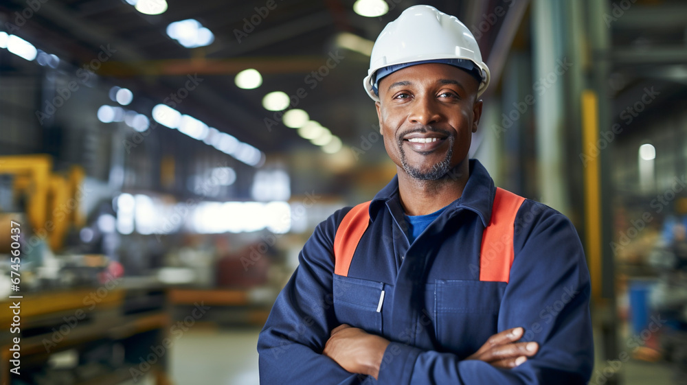 Portrait of smiling african american professional engineer factory. Engineering worker in safety hard hat at factory industrial facilities. Portrait of smiling african american professional engineer factory. Engineering worker in safety hard hat at factory industrial facilities.