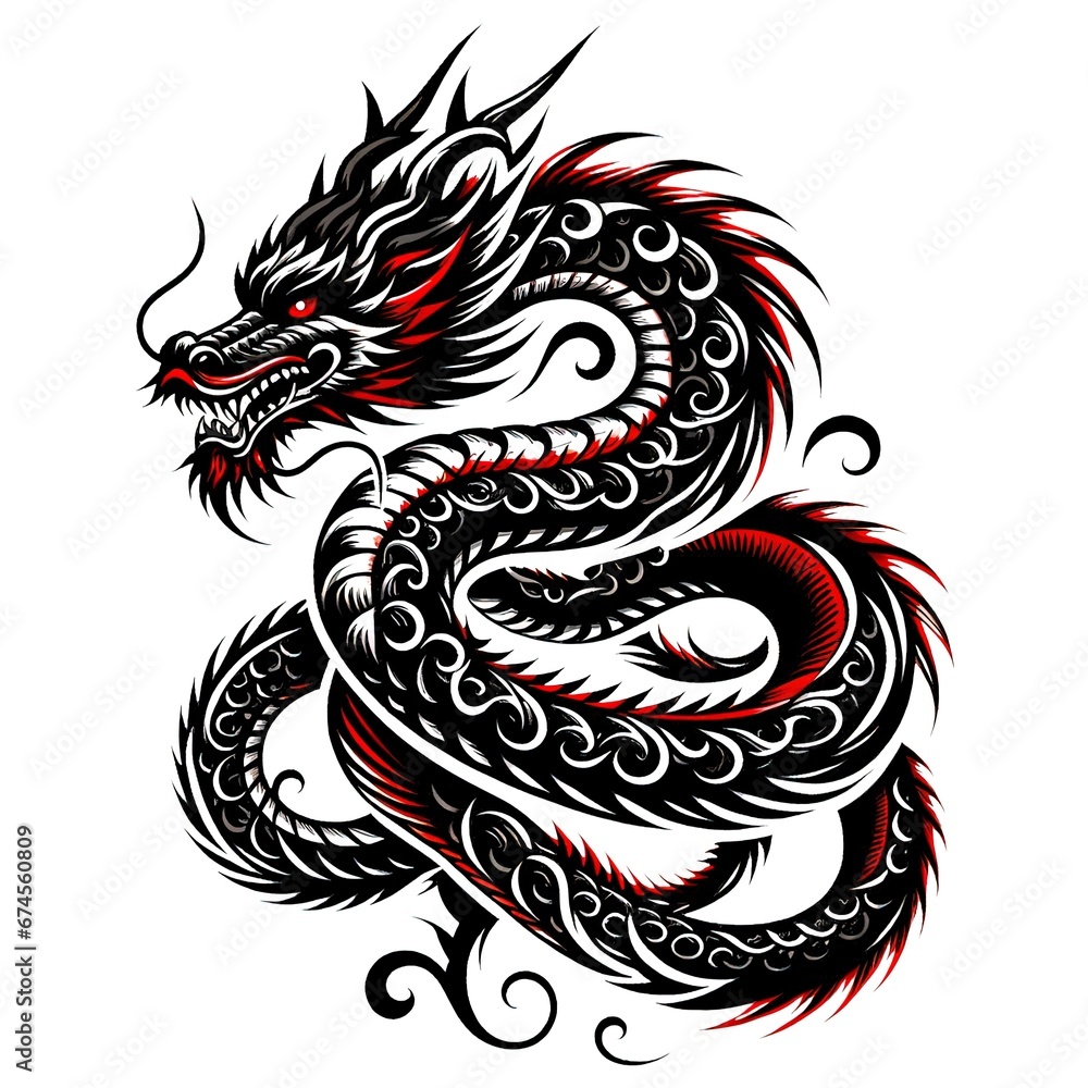 a tattoo design featuring a black and red dragon, styled with intricate scales and fierce eyes, on a white background. Generative AI. a tattoo design featuring a black and red dragon, styled with intricate scales and fierce eyes, on a white background. Generative AI.