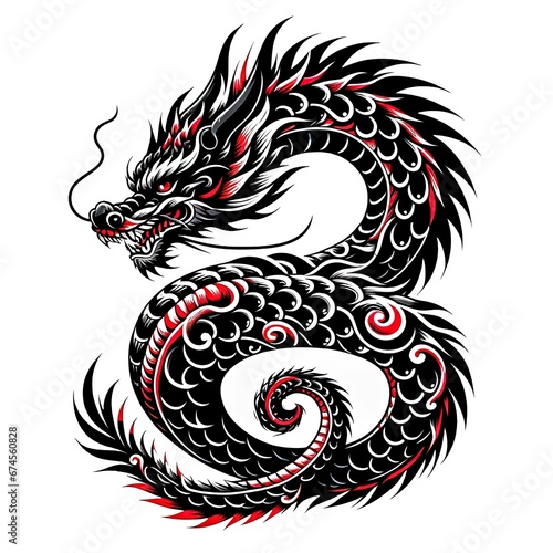 a tattoo design featuring a black and red dragon, styled with intricate scales and fierce eyes, on a white background. Generative AI.
