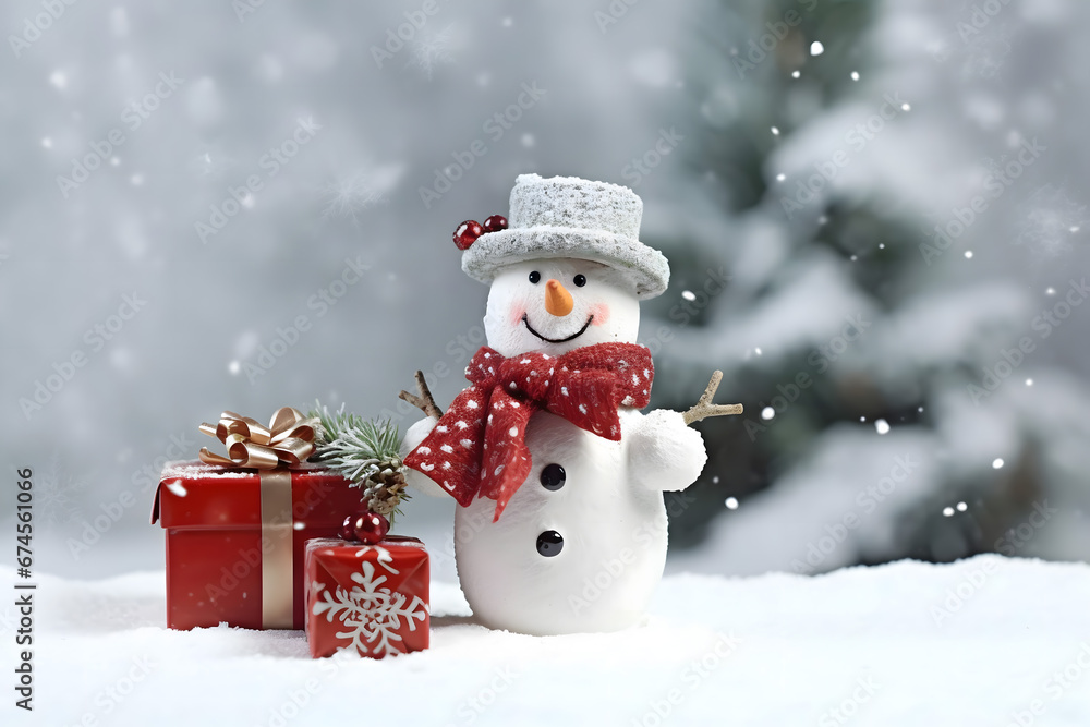 christmas tree decorations, santa claus with gifts, snowman in the snow, christmas gift boxes	