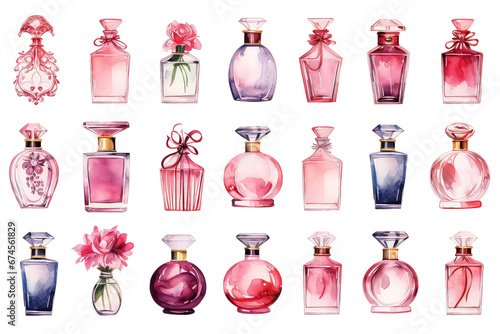 Pink perfume bottle watercolor on white background, valentines day concept